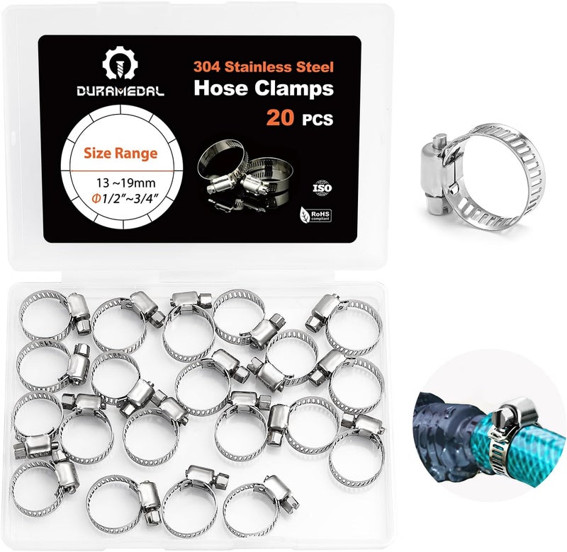 Duramedal Hose Clamp- 20 PCS Stainless Steel Hose Clamps Assortment Kit 1/2''–3/4'' stainless steel hose clamps for Fuel Line, Plumbing, Automotive, Mechanical Applications, Tube, Garden - Image 1